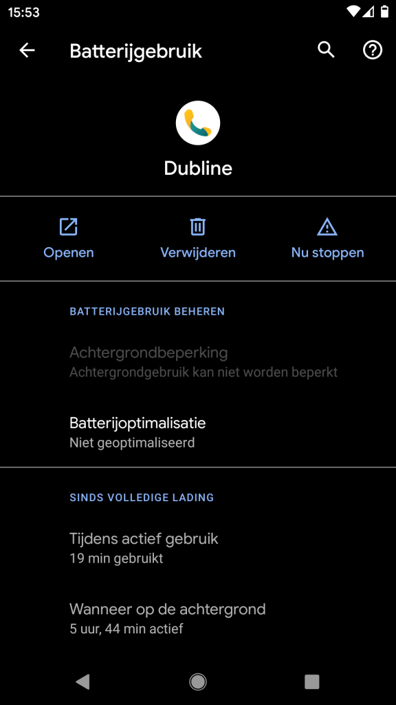 Screenshot van instellingen voor de Dubline app over batterij gebruik op Android 10